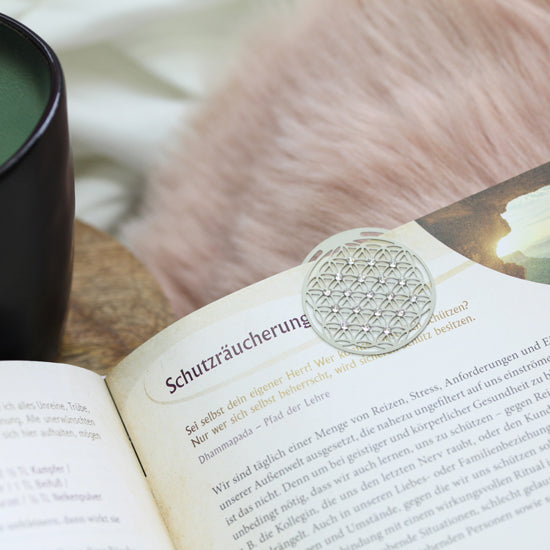 Lesezeichen Blume des Lebens, Edelstahl mit 19 Kristallen