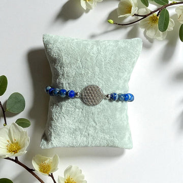 Armband Lapislazuli 6mm mit Blume des Lebens, Edelstahl