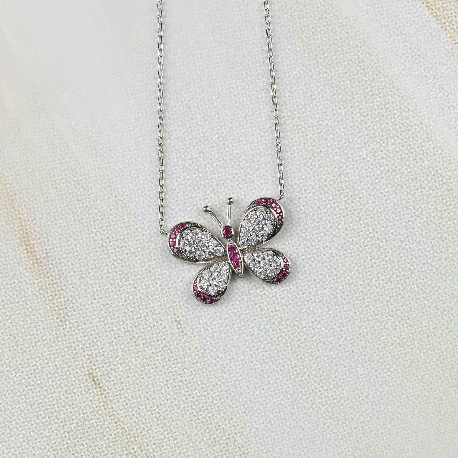 Silber/Pink Schmetterling Kette mit Steinen