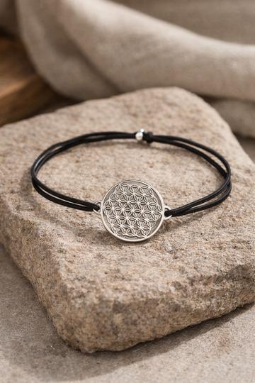 Armband Blume des Lebens in Silber und schwarzem Gummiband