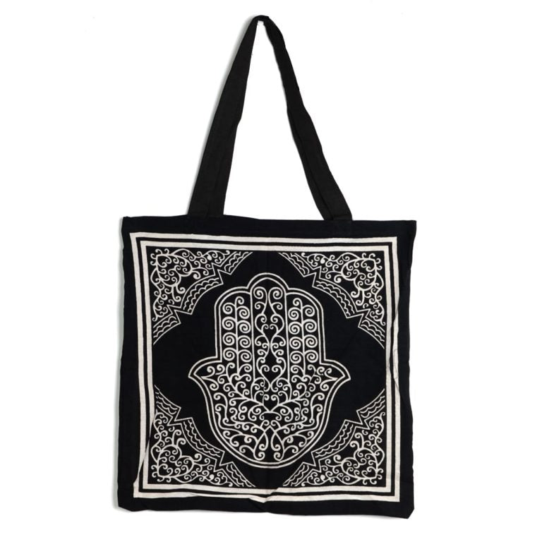 Tragetasche Baumwolle – Hamsa Hand Schwarz/Weiß (45 cm)