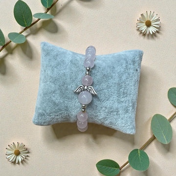 Armband Rosenquarz mit Engelsflügel Silber