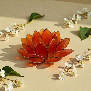 Lotus Teelichthalter 2. Chakra, orange/goldfarbig