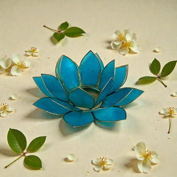 Lotus Teelichthalter, blau/goldfarbig, 5. Chakra